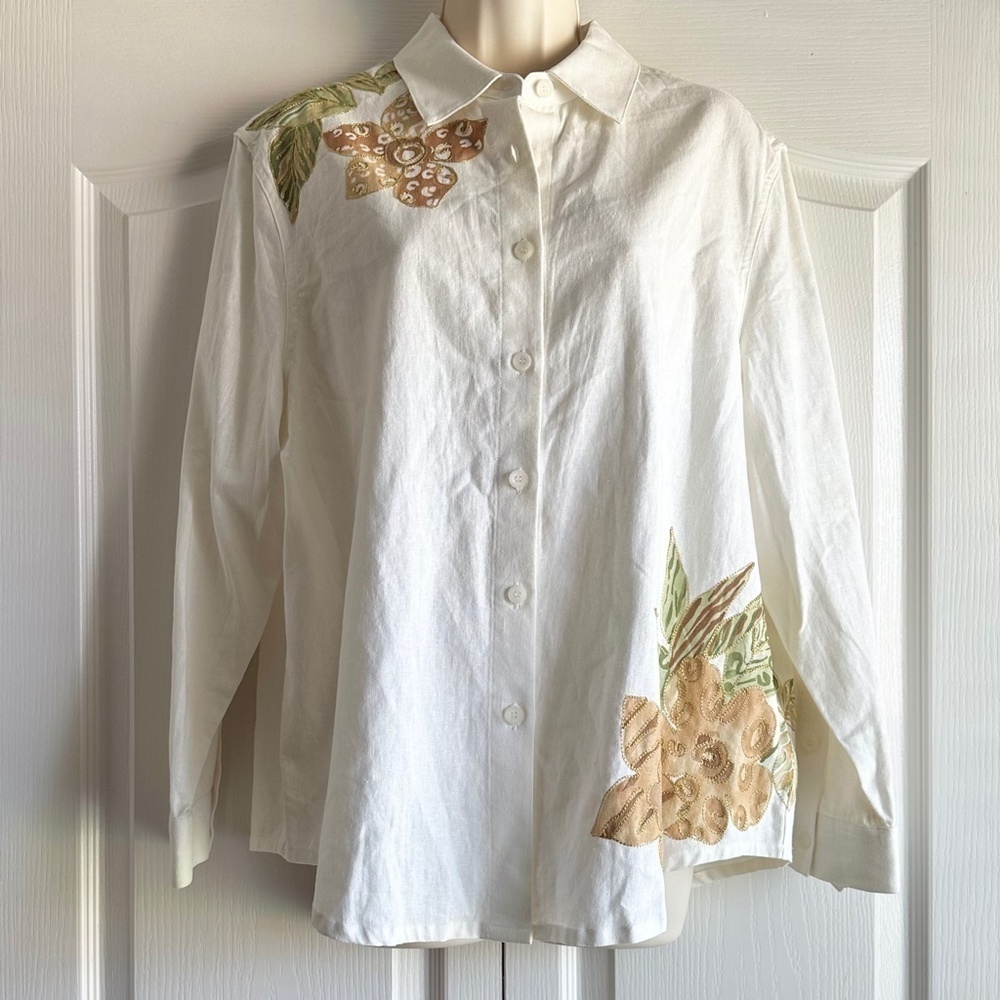 Draper’s & Damon’s Linen Floral Embroidered Top Vintage - Picture 2 of 10